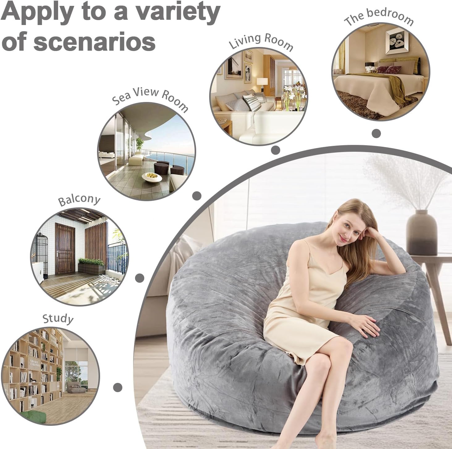 VIREO Bean Bag Chair - Comfy Bean Bag Chairs for Adults/Kids, Memory Foam Filler Included, Ultra Soft Removable and Washable Flannel Cover, Beanbag Chair - Black(35"x35"x25")
