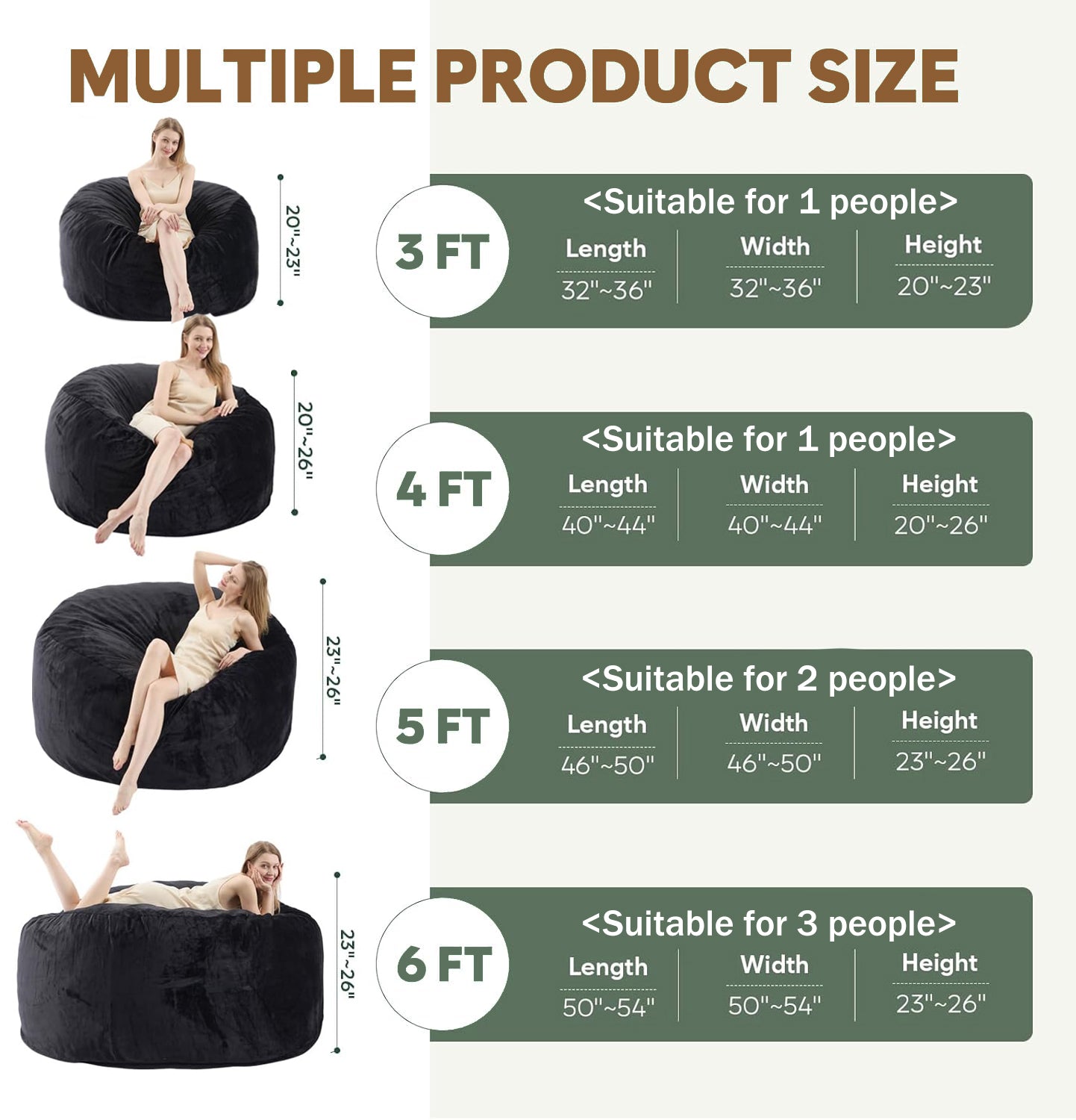 VIREO Bean Bag Chair - Comfy Bean Bag Chairs for Adults/Kids, Memory Foam Filler Included, Ultra Soft Removable and Washable Flannel Cover, Beanbag Chair - Black(35"x35"x25")