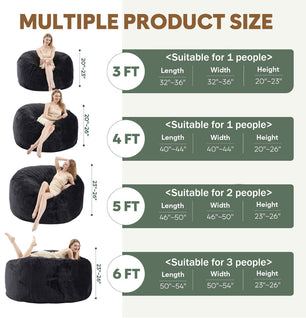VIREO Bean Bag Chair - Comfy Bean Bag Chairs for Adults/Kids, Memory Foam Filler Included, Ultra Soft Removable and Washable Flannel Cover, Beanbag Chair - Black(35