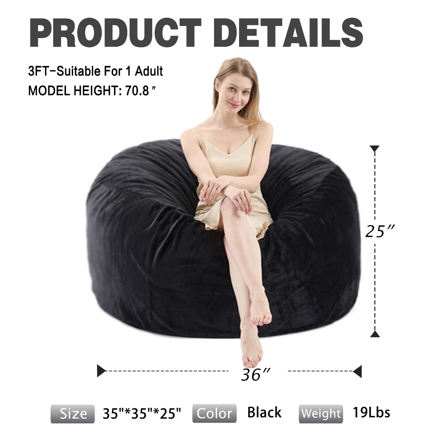 VIREO Bean Bag Chair - Comfy Bean Bag Chairs for Adults/Kids, Memory Foam Filler Included, Ultra Soft Removable and Washable Flannel Cover, Beanbag Chair - Black(35"x35"x25")