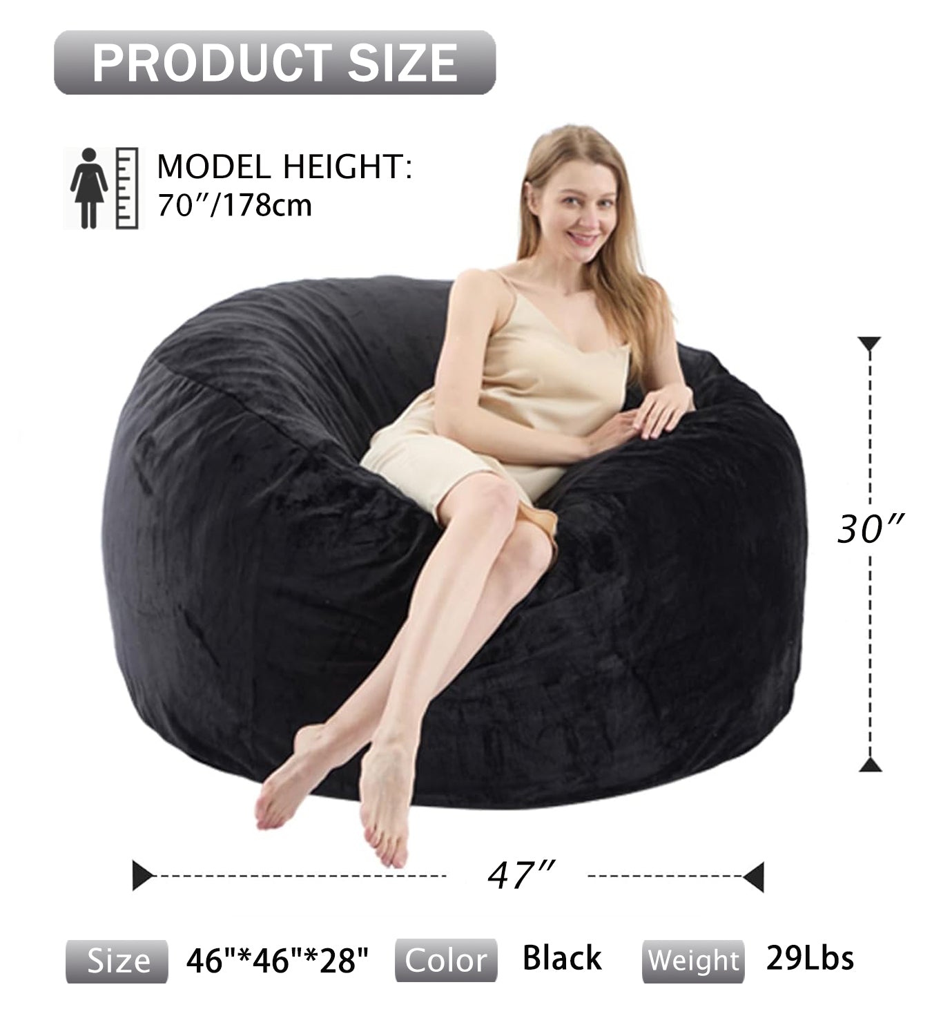 VIREO Bean Bag Chair - Comfy Bean Bag Chairs for Adults/Kids, Memory Foam Filler Included, Ultra Soft Removable and Washable Flannel Cover, Beanbag Chair - Black(35"x35"x25")