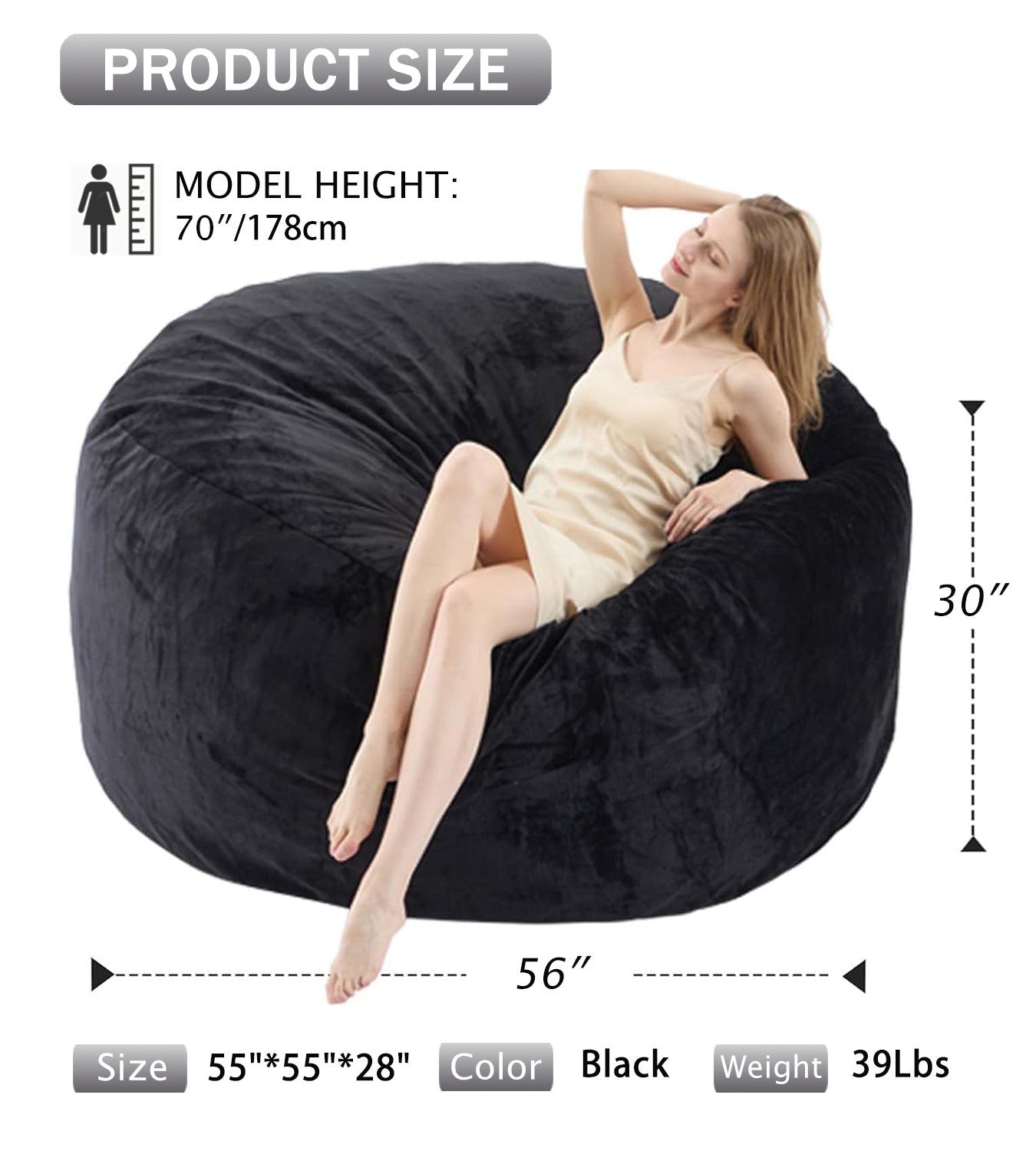 VIREO Bean Bag Chair - Comfy Bean Bag Chairs for Adults/Kids, Memory Foam Filler Included, Ultra Soft Removable and Washable Flannel Cover, Beanbag Chair - Black(35"x35"x25")