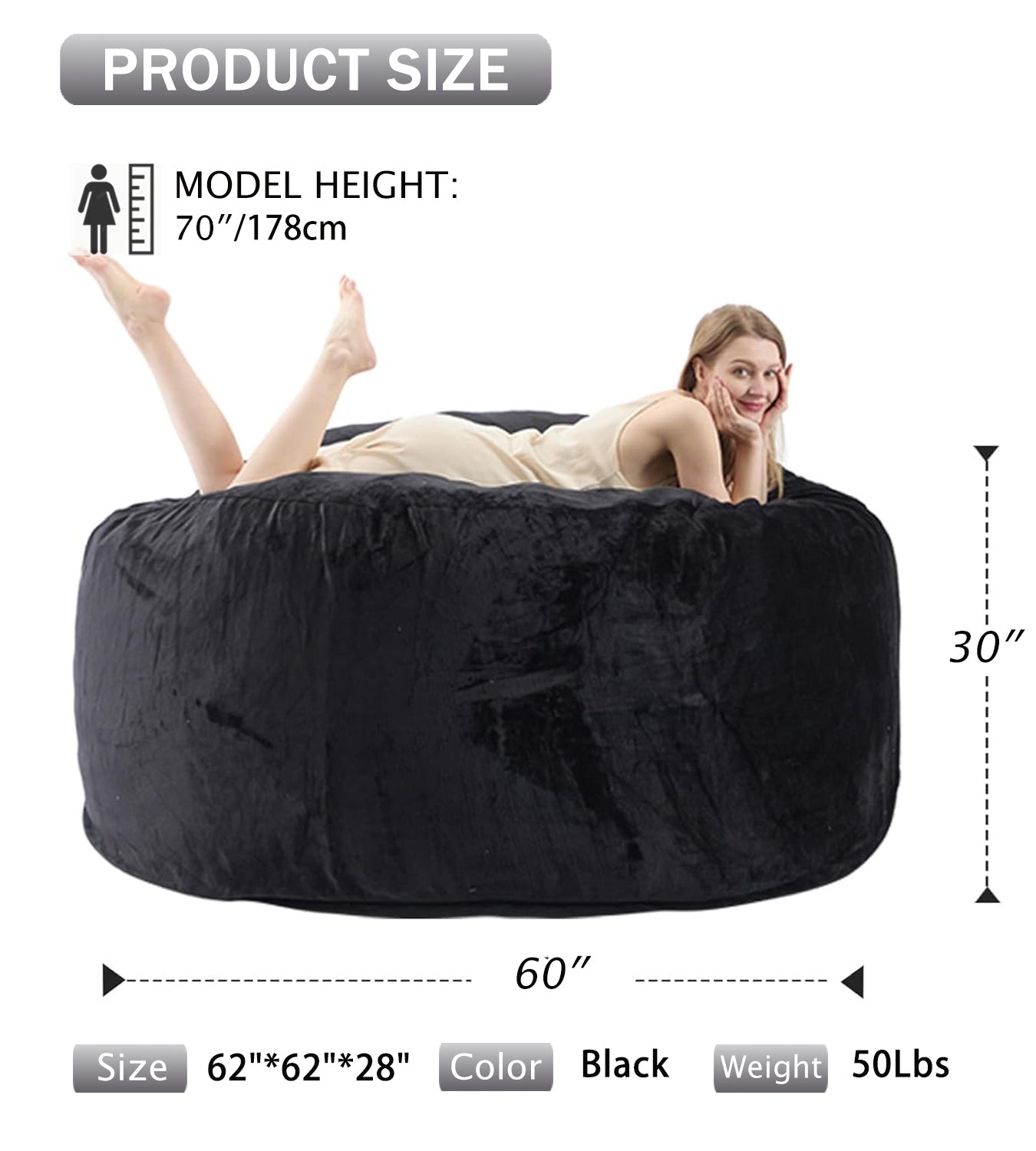 VIREO Bean Bag Chair - Comfy Bean Bag Chairs for Adults/Kids, Memory Foam Filler Included, Ultra Soft Removable and Washable Flannel Cover, Beanbag Chair - Black(35"x35"x25")
