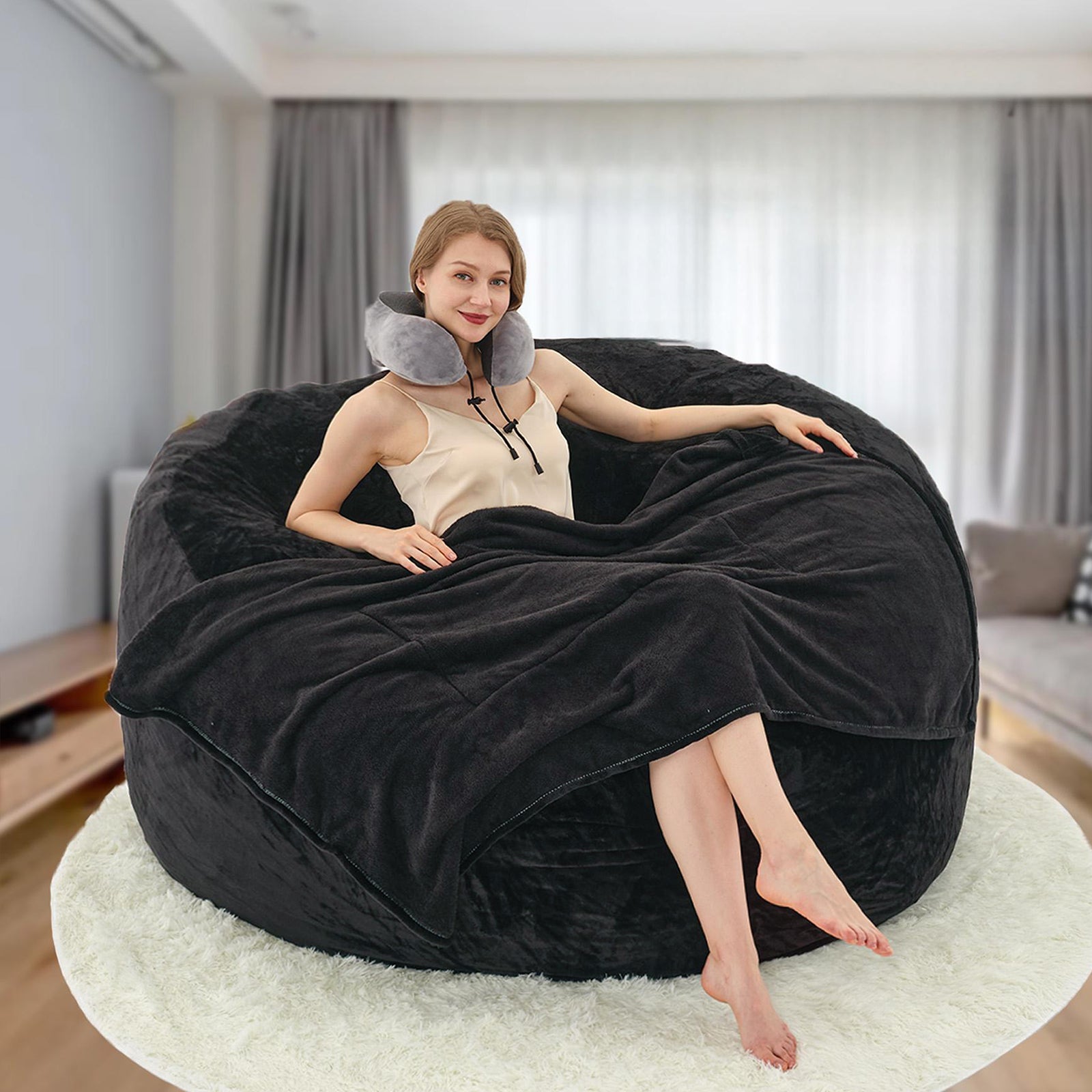 VIREO Bean Bag Chair - Comfy Bean Bag Chairs for Adults/Kids, Memory Foam Filler Included, Ultra Soft Removable and Washable Flannel Cover, Beanbag Chair - Black(35"x35"x25")